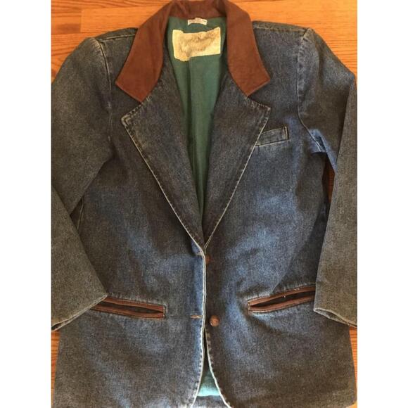 Jl Colebrook VTG 90’s Boxy Denim Blazer 2 Button Leather Detailing Pockets SM - Picture 2 of 12